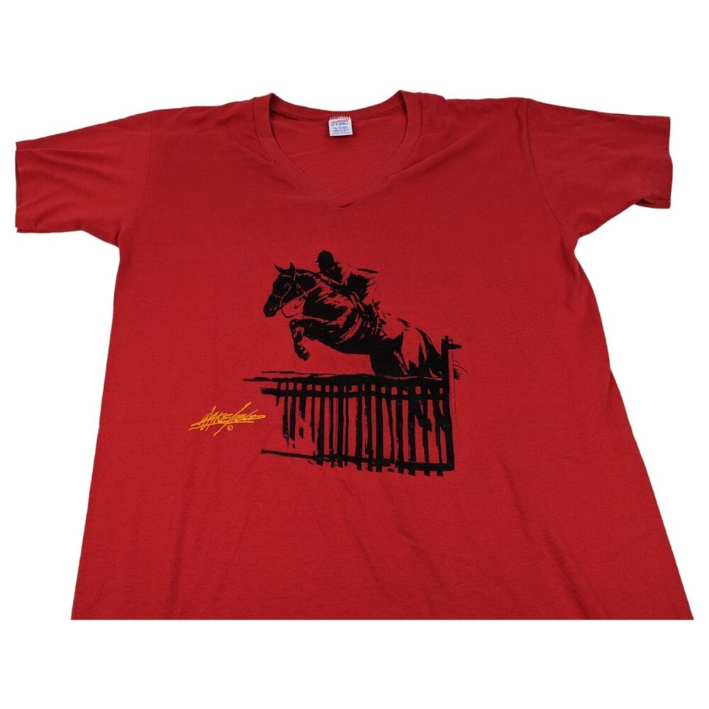 Vintage 80s 90s Single Stitch Jerzees Russell Made In USA Womens Red L Horse - Picture 2 of 12